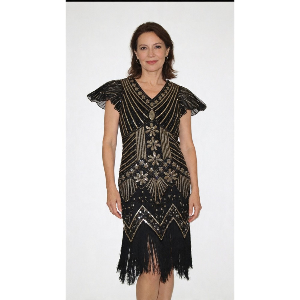 Fundaisy Vintage Style‎ 1920s Flapper Dress Sequin Fringe Size M Black Gold Navy